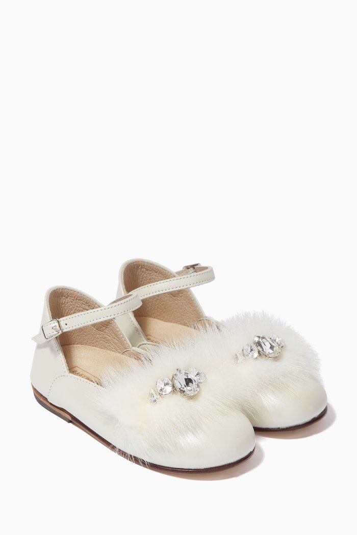 

Fur-detail Ballerinas with Rhinestones in Leather, Neutral
