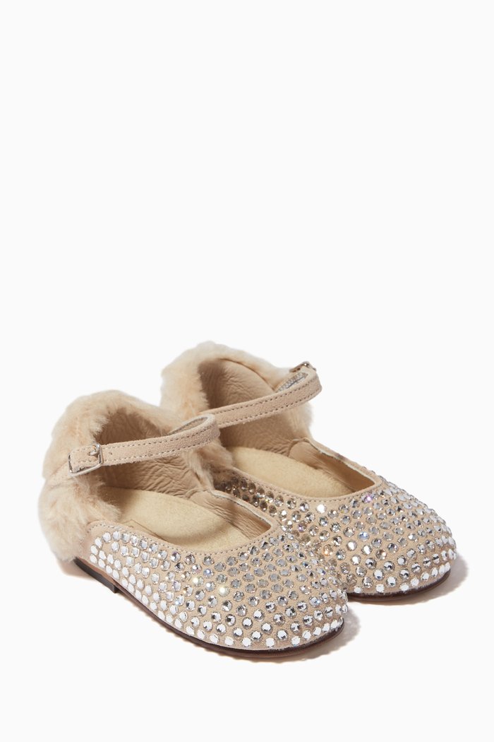 

Fur-detail Ballerinas with Crystal Embellishments in Leather, Neutral