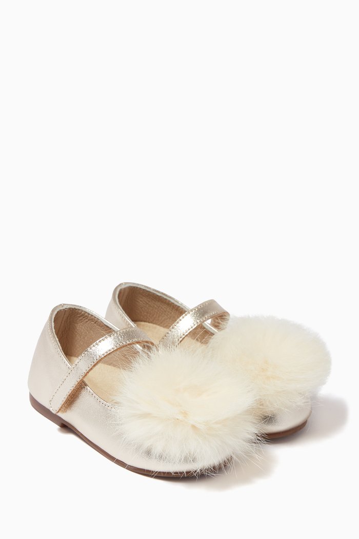 

Fur-detail Ballerinas in Metallic Leather, Gold