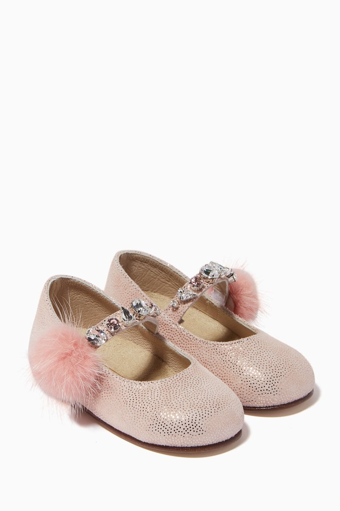 

Crystal with Fur-detail Ballerinas in Metallic Leather, Pink