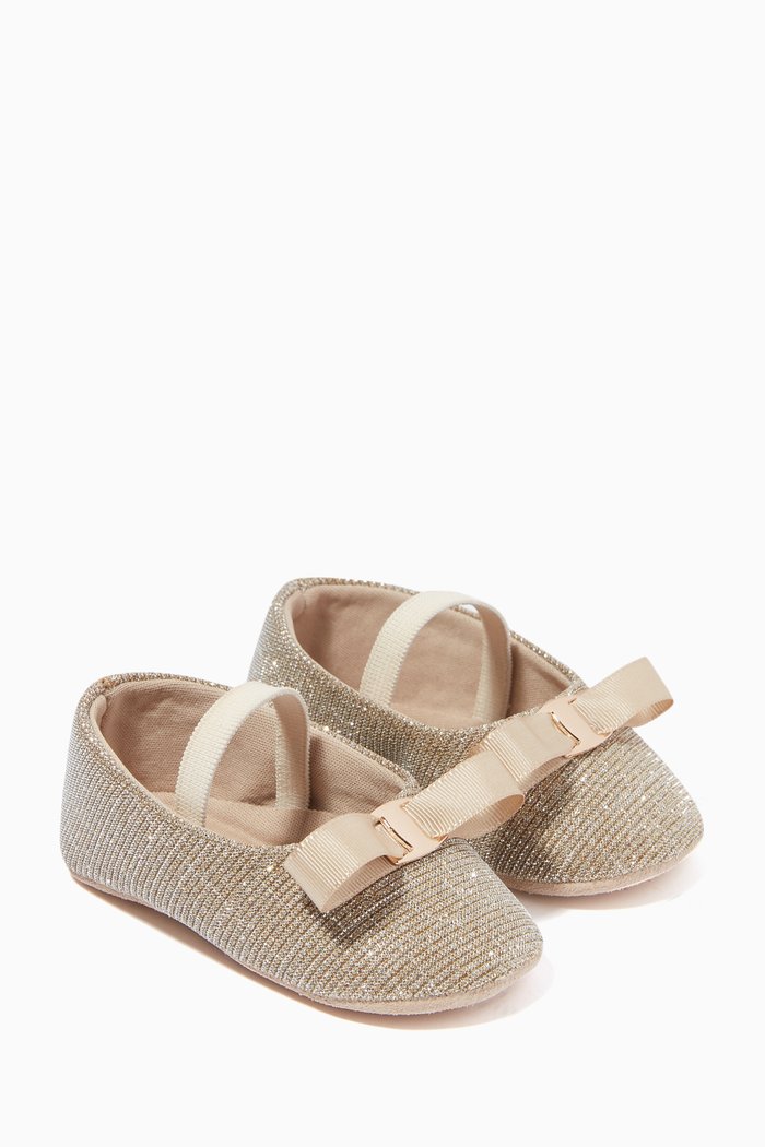 Bow Detail Ballerinas in Leather, Gold