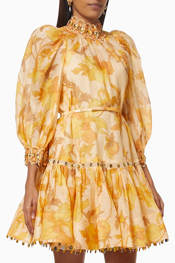 

Tempo Rouleau Trim Mini Dress in Linen, Gold