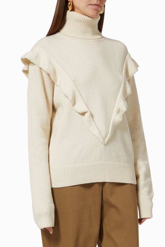 

Ruffled Turtleneck Sweater in Recycled Cashmere, White