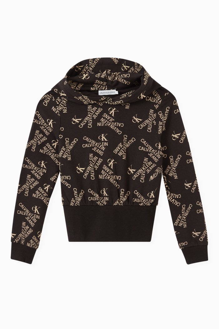 

Cropped All-over Logo Hoodie in Cotton Modal Fleece, Black