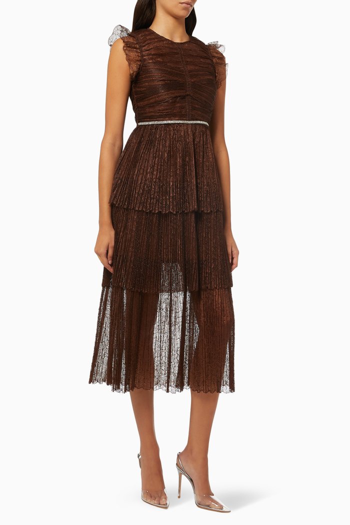 

Ruched Midi Dress in Fine Lace, Brown