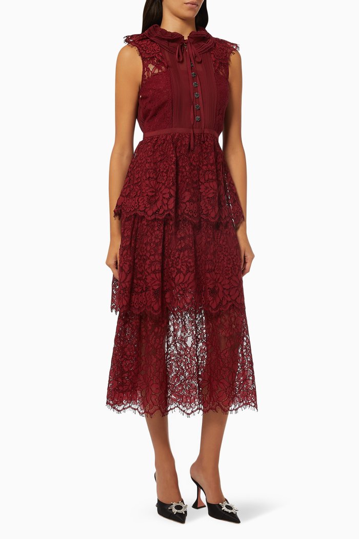 

Floral Midi Dress in Cord Lace & Chiffon, Red