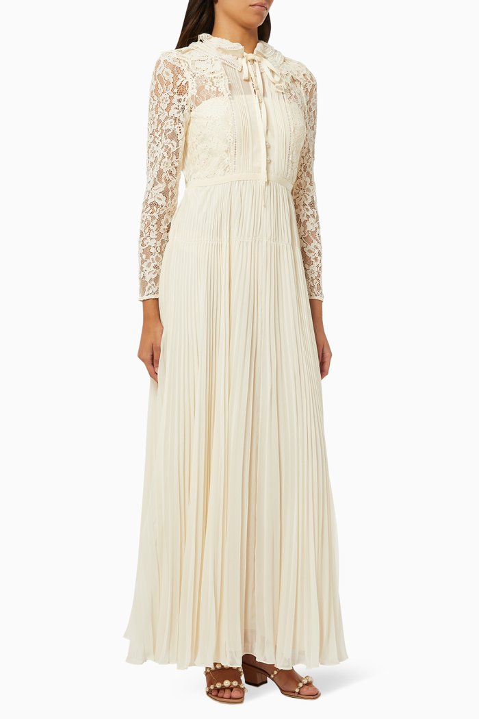 

Plissé Pleated Maxi Dress in Chiffon & Lace, Neutral