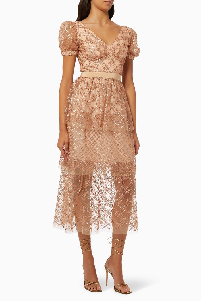 

Grid Sequin Tiered Midi Dress in Mesh, Neutral