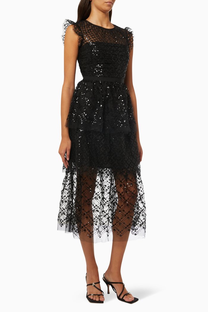 

Grid Sequin Tiered Midi Dress in Mesh, Black