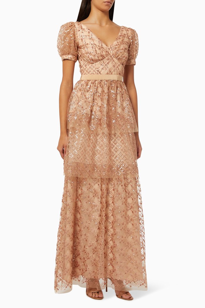 

Grid Sequin Tiered Midi Dress in Mesh, Neutral