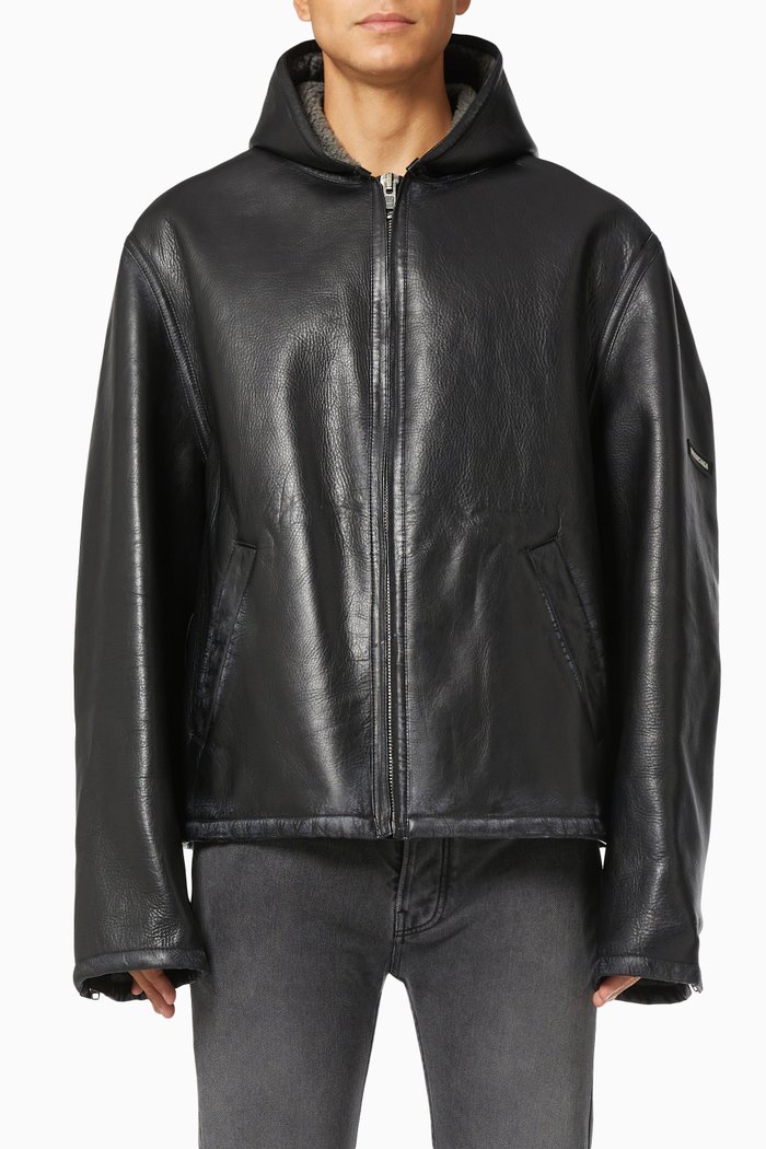 

Hooded Jacket in Leather Bonded Wool, Grey