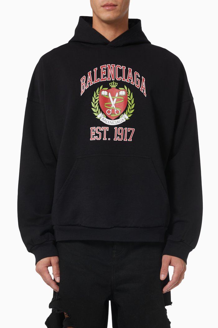 

College Print Hoodie in Organic Fleece, Black