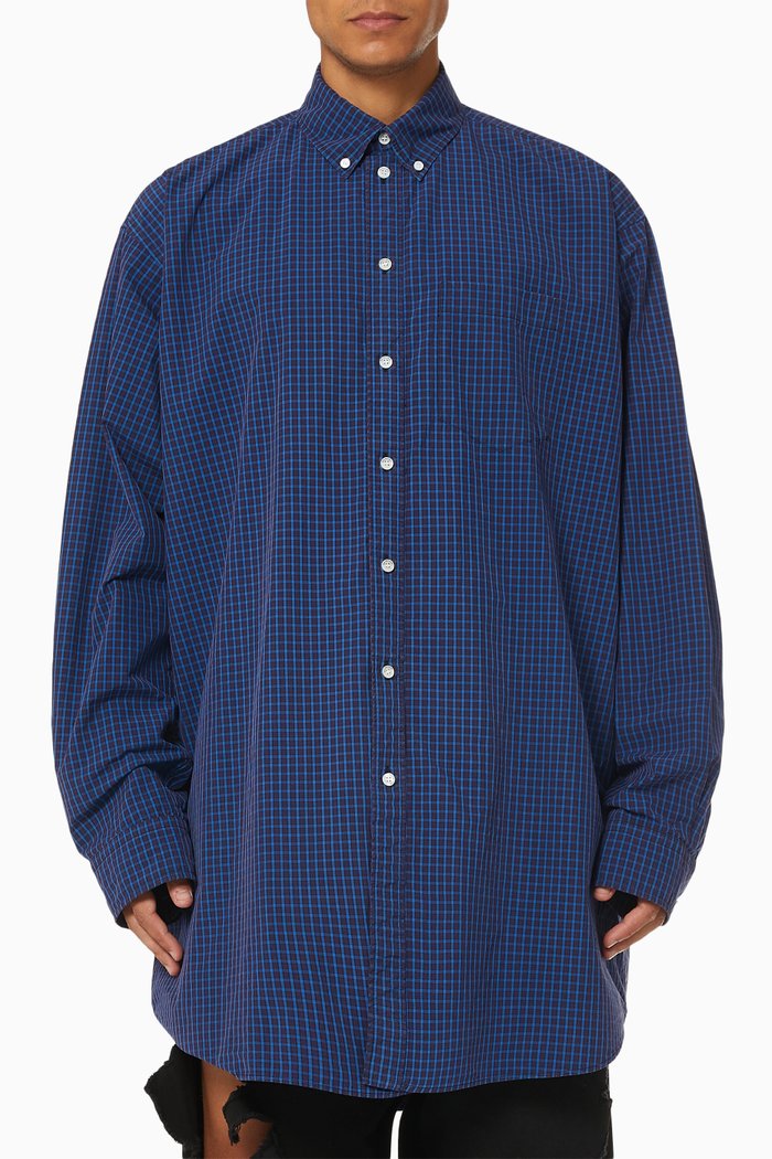 

Oversized Check Shirt in Cotton Poplin, Blue