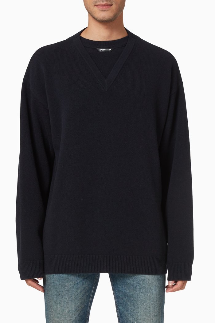 

Sweater with Trompe L'oeil Print in Wool Jersey Knit, Blue