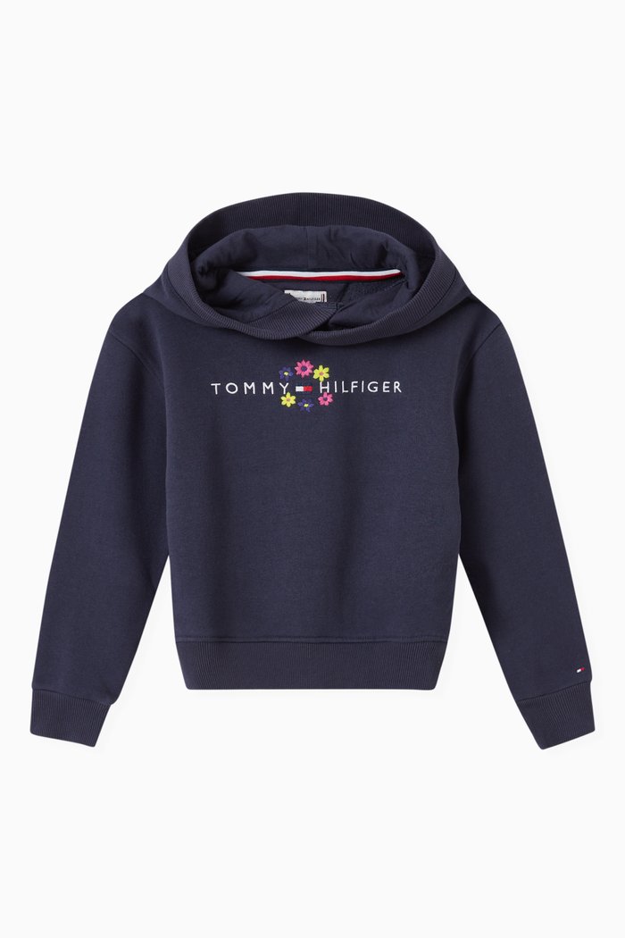 

Flower Embroidery Hoodie in Cotton Blend, Blue