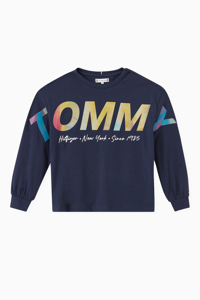 

Metallic Logo Long Sleeve T-shirt in Stretch Organic Cotton, Blue