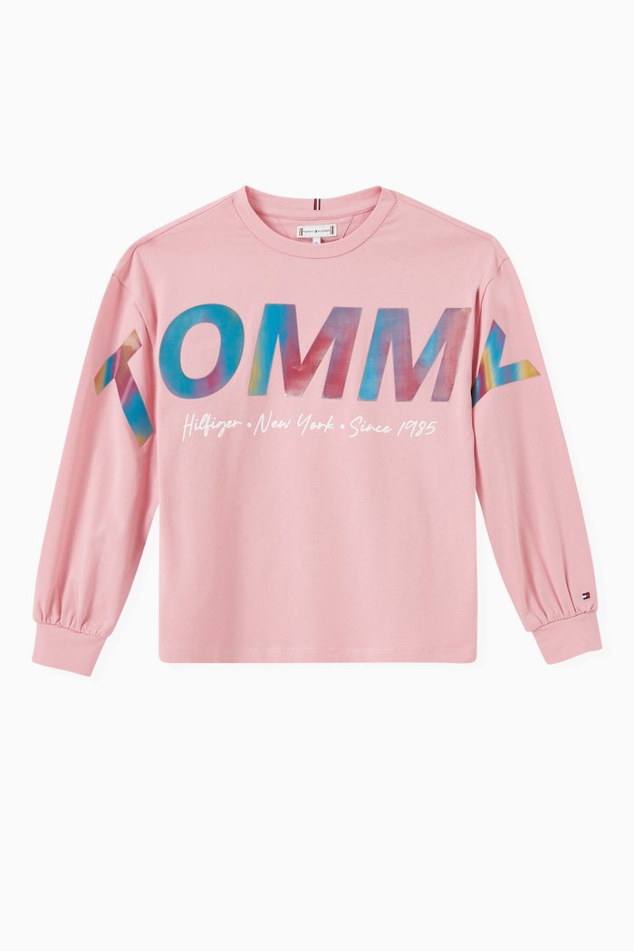 

Metallic Logo Long Sleeve T-shirt in Stretch Organic Cotton, Pink