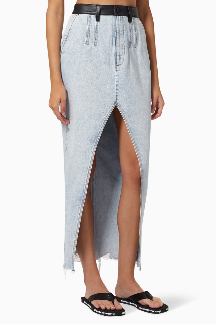 

Maxi High Slit Skirt in Denim & Leather, Blue