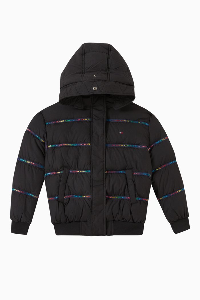 

Metallic Tape Down Puffer Bomber Jacket in Recycled Polyester, Black