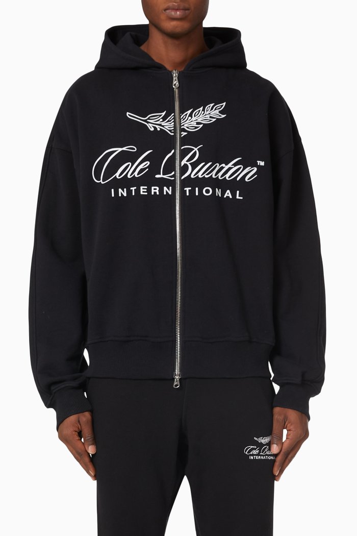 International Zipped Hoodie in Loopback Cotton, Black