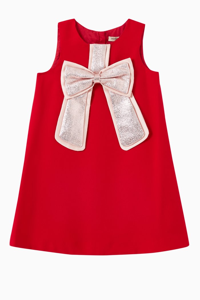 

Gilded Bow Shift Dress in Polyester, Red