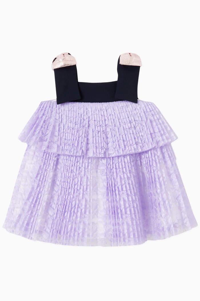 

Tiered Pleated Trapeze Dress & Bloomers in Shimmer Lace, Purple
