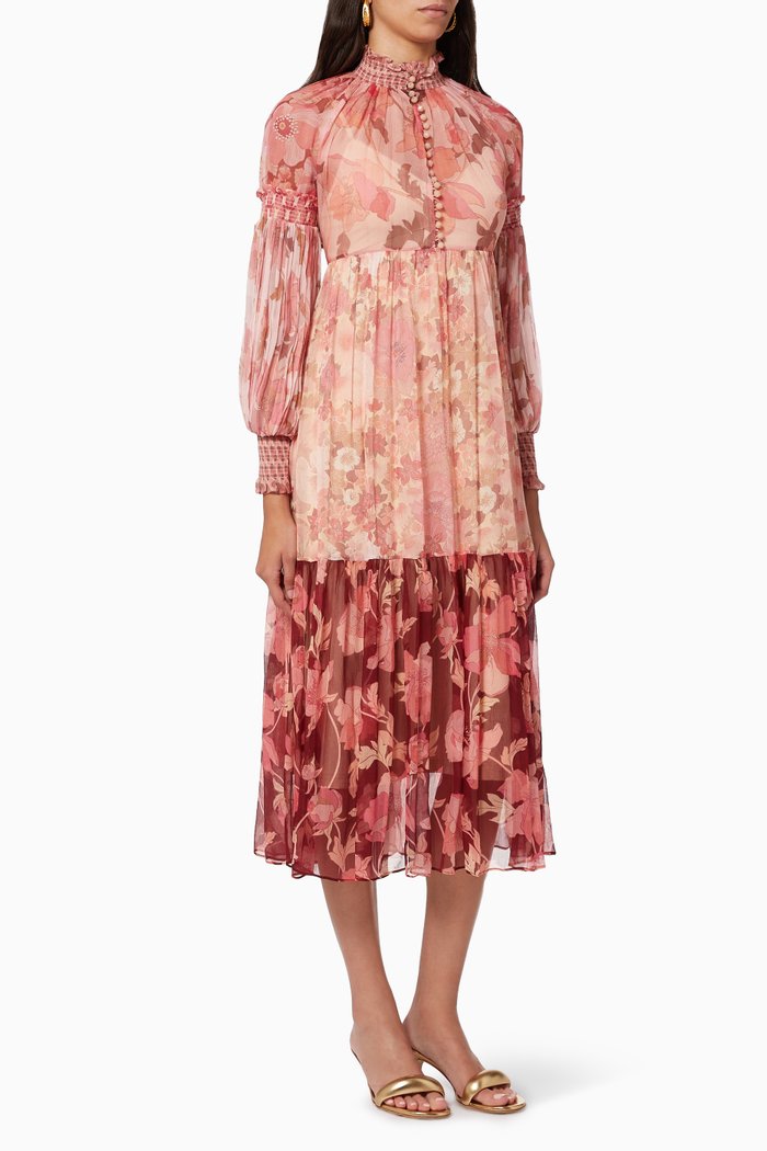 

Concert Spliced Lantern Midi Dress in Silk Georgette, Pink
