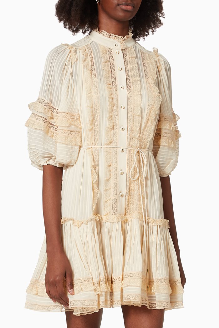 

Concert Pintucked Mini Dress, Neutral