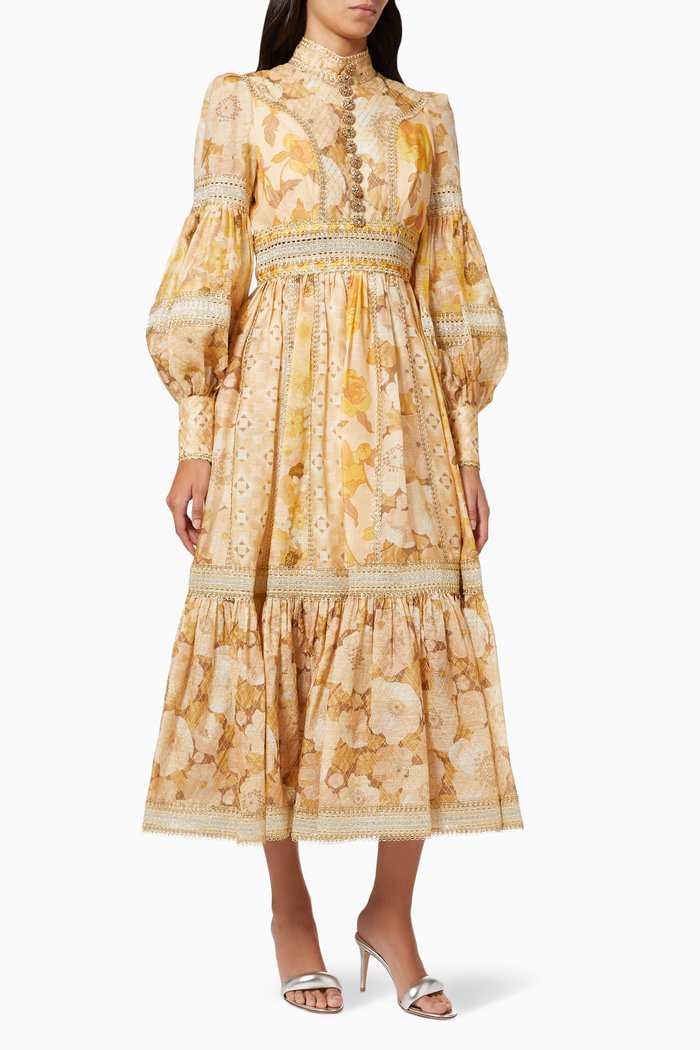 

Tempo Spliced Trim Gown in Silk & Linen, Gold