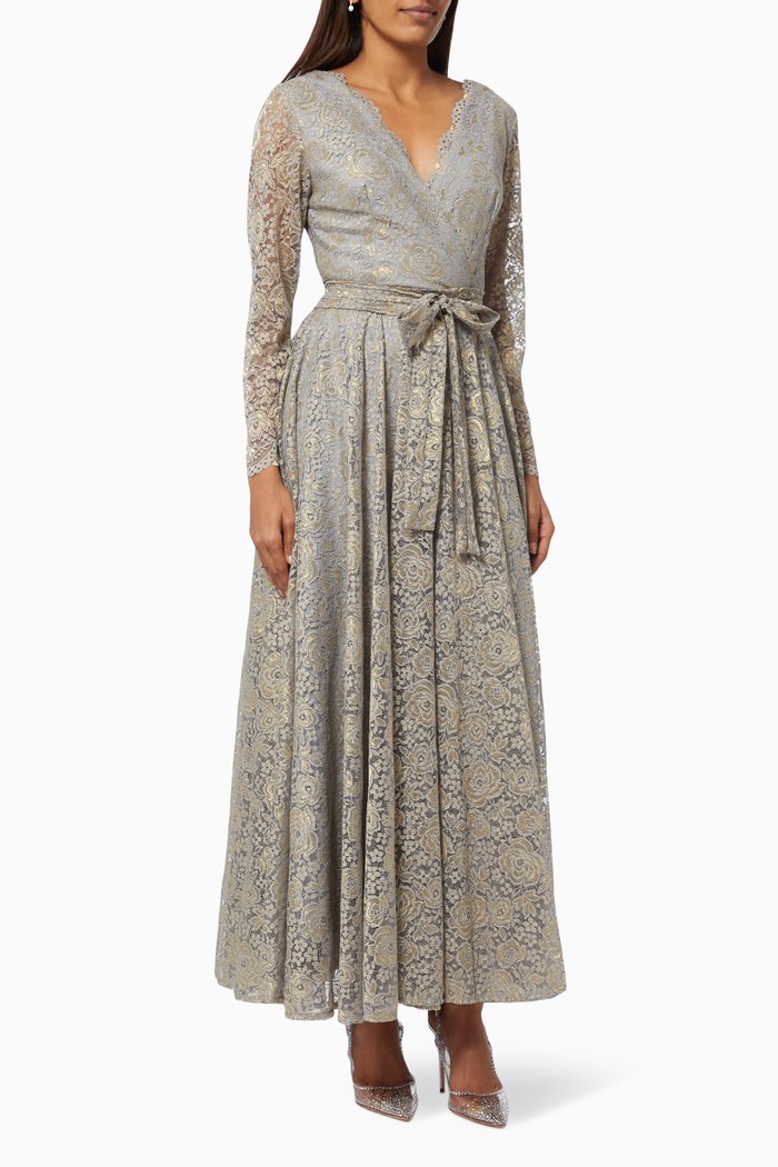 

Shimmery Lace Dress with Belt, Grey