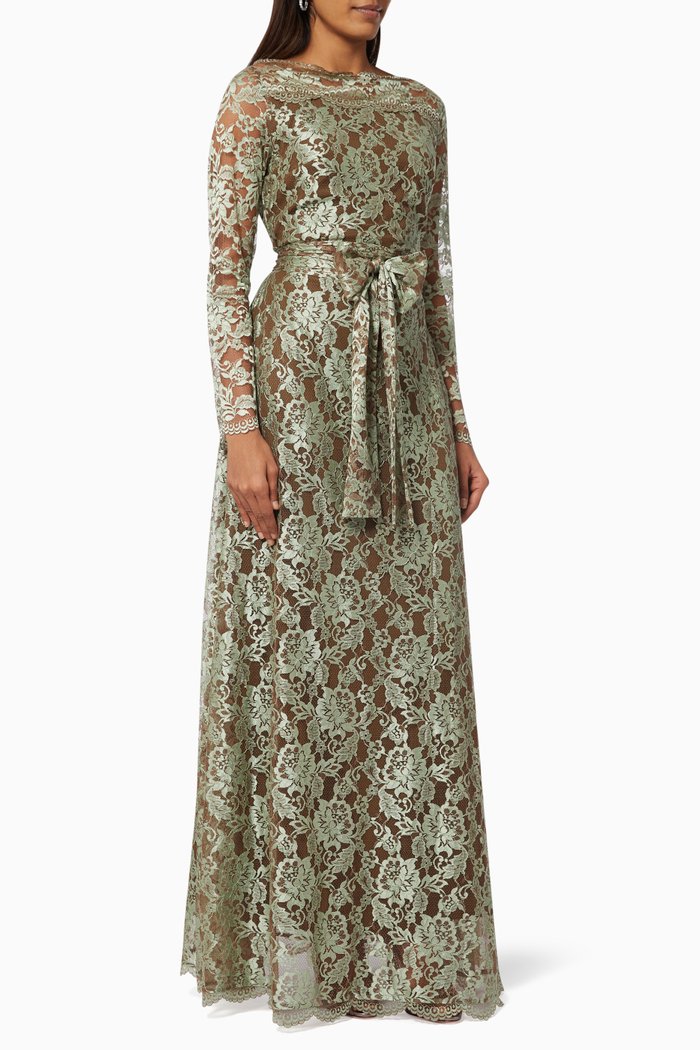 

Shimmery Lace Dress with Belt, Green