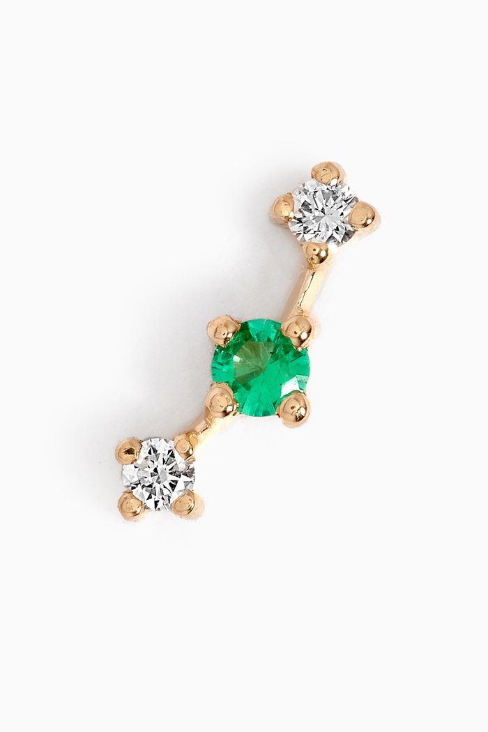 Double Diamond Emerald Single Stud in 14kt Yellow Gold