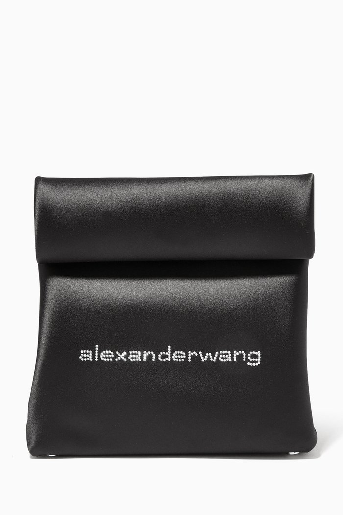 

Lunch Bag Crystal Logo Clutch in Satin, Black