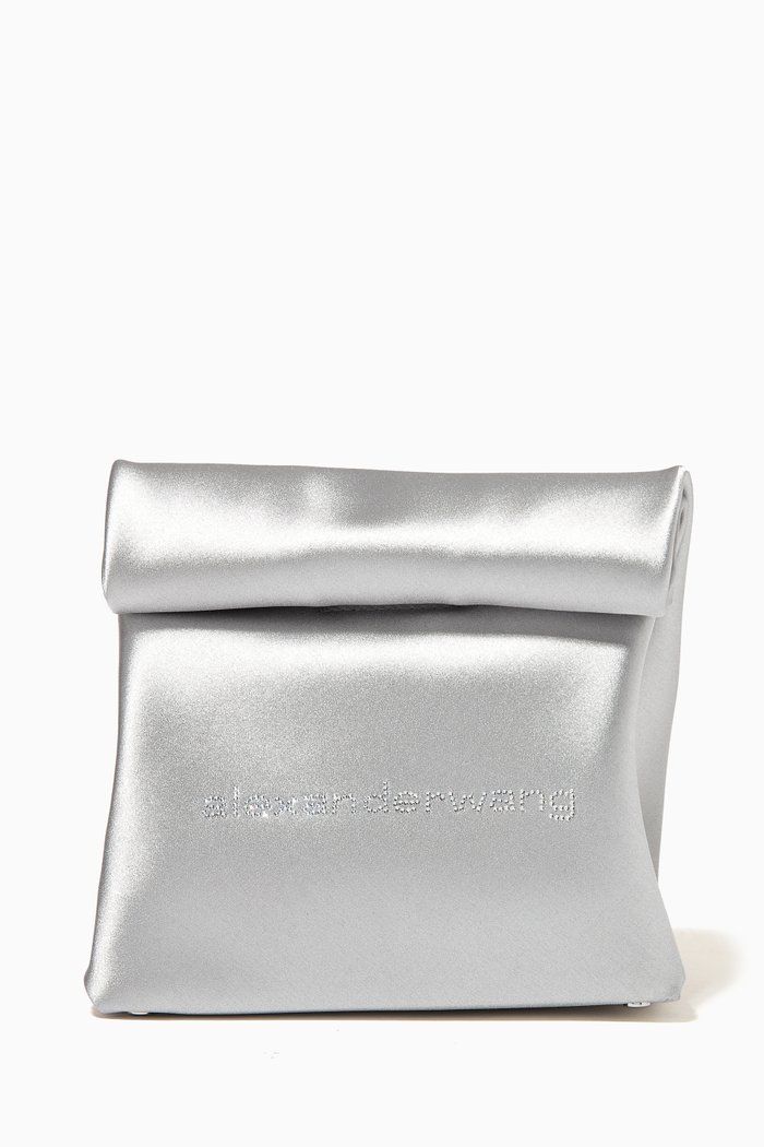 

Lunch Bag Crystal Logo Clutch in Satin Description, Silver