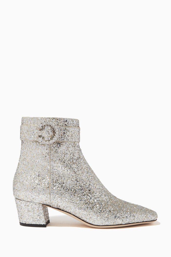 

Myan 45 Ankle Boots with Crystal Buckle in Coarse Glitter, Silver