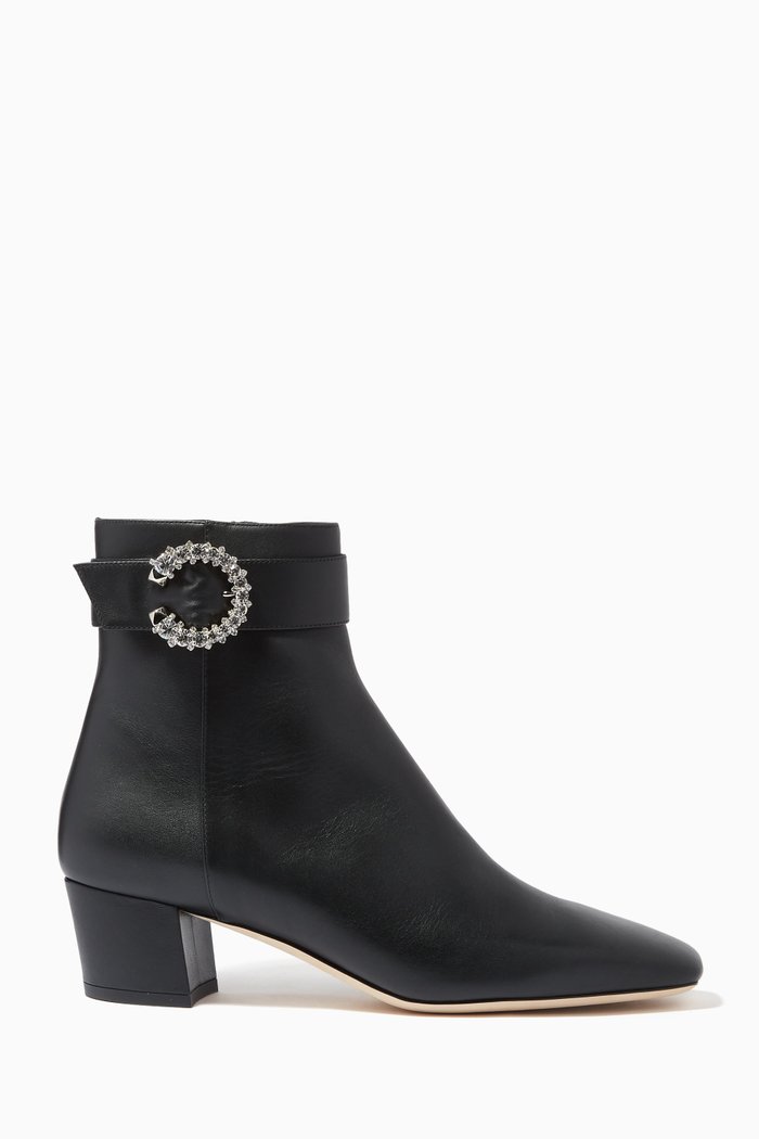 Myan 45 Ankle Boots with Crystal Buckle in Smooth Leather, Black
