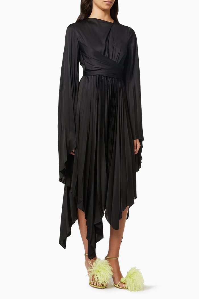 

Asymmetric Pleated Wrap Dress in Satin, Black