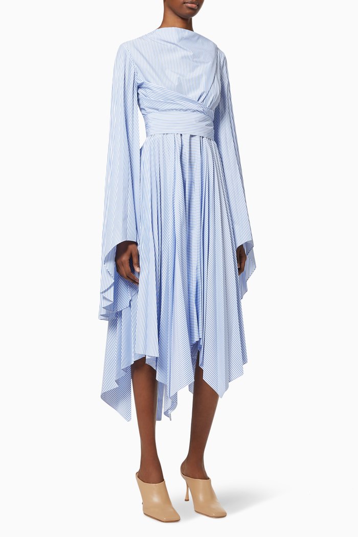 

Asymmetric Pleated Wrap Dress in Striped Cotton, Blue