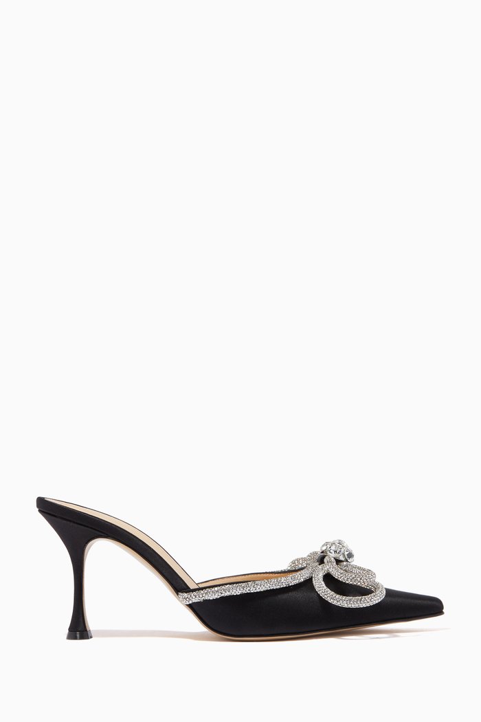 

Double Bow Crystal Mules in Satin, Black