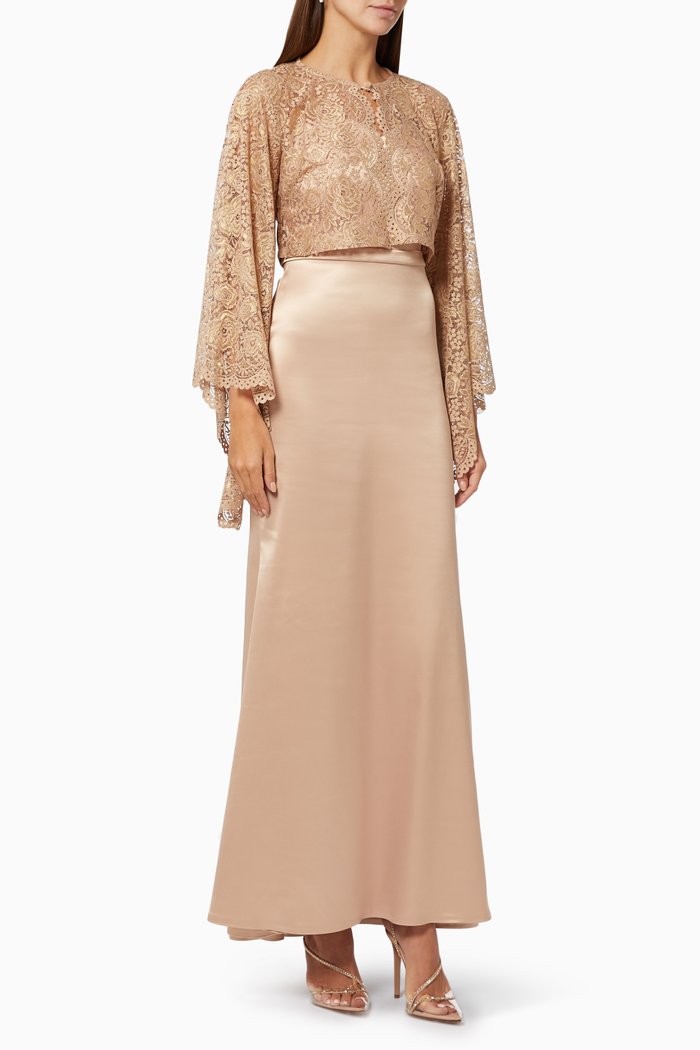 

Shimmery Satin Dress with Lace Jacket, Gold