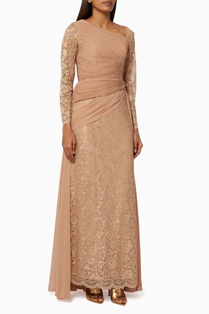 

Ruched Dress in Lace & Chiffon, Gold