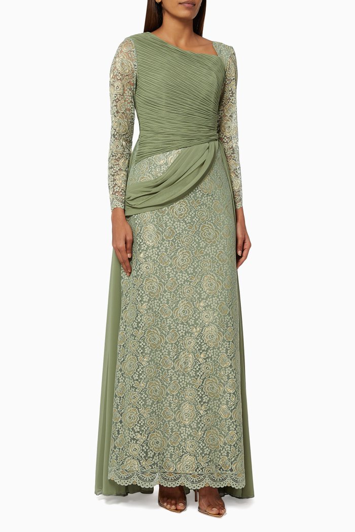 

Ruched Dress in Lace & Chiffon, Green