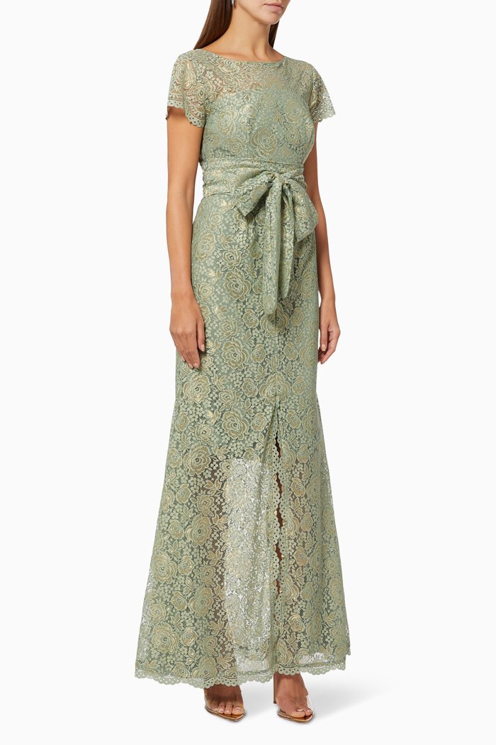 

Shimmery Lace Dress with Belt, Green