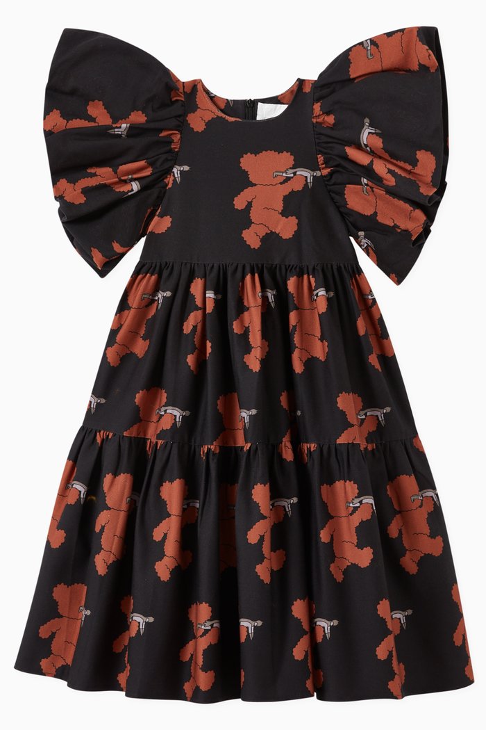 

Ruffle Sleeve Dress in Walking Teddy Print Cotton, Black