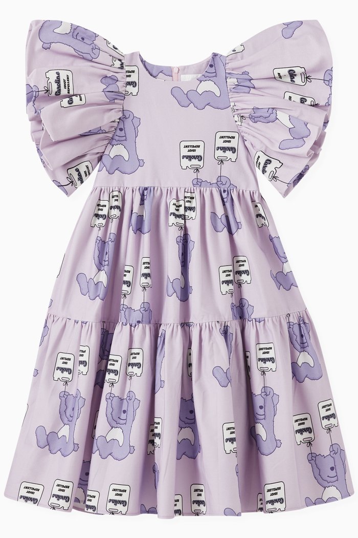 

Ruffle Sleeve Dress in Sitting Teddy Print Cotton, Purple