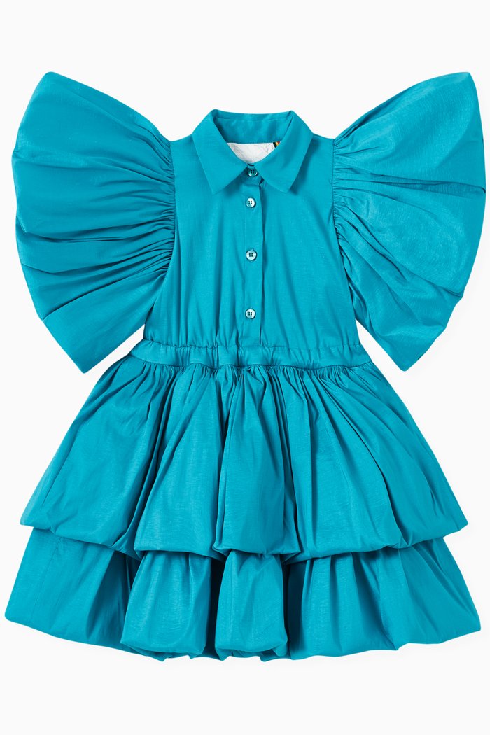 

Ruffle Sleeve Tiered Dress in Tafta, Blue