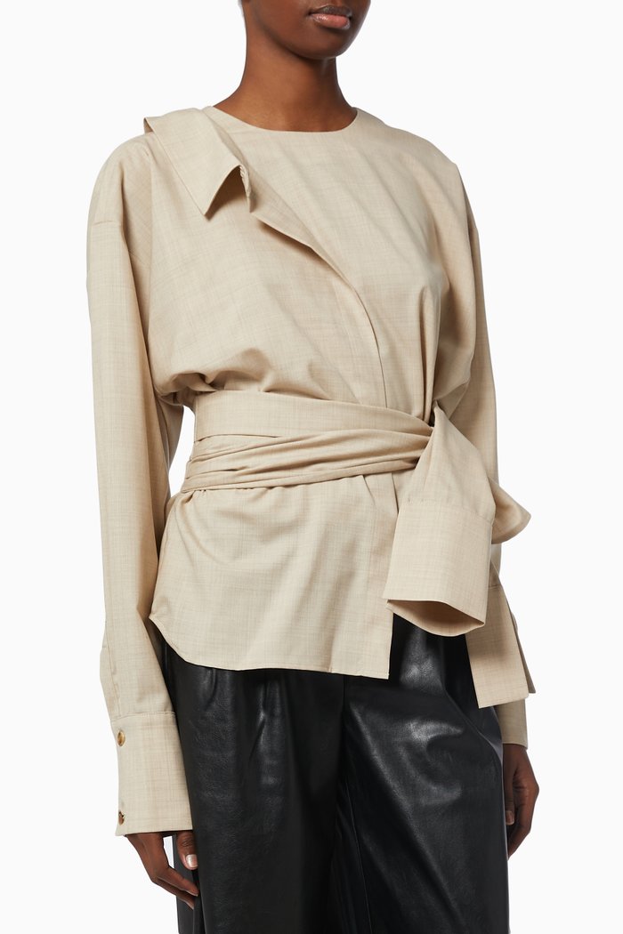 

Asymmetric Double Belted Top in Virgin Wool, Neutral