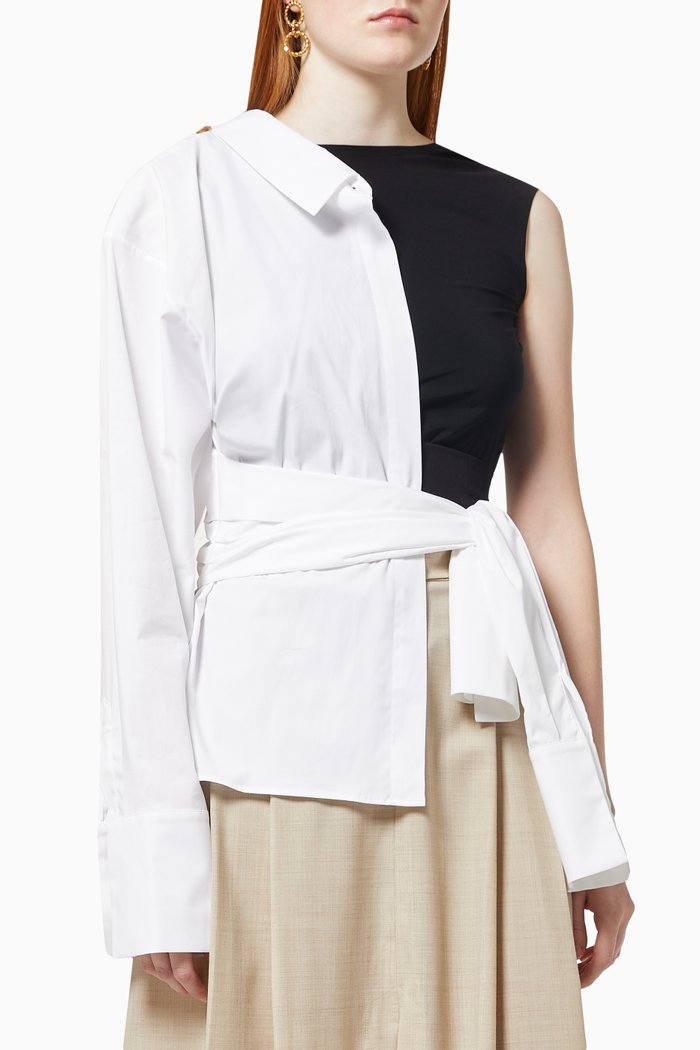 

Asymmetric Belted Double Top in Cotton, White