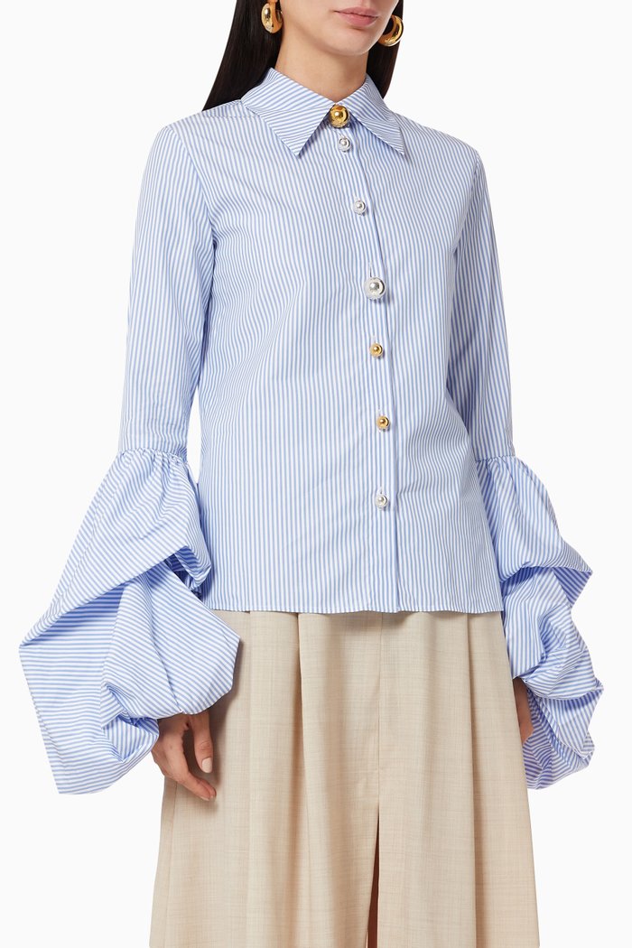 

Striped Puff Sleeve Shirt, Blue