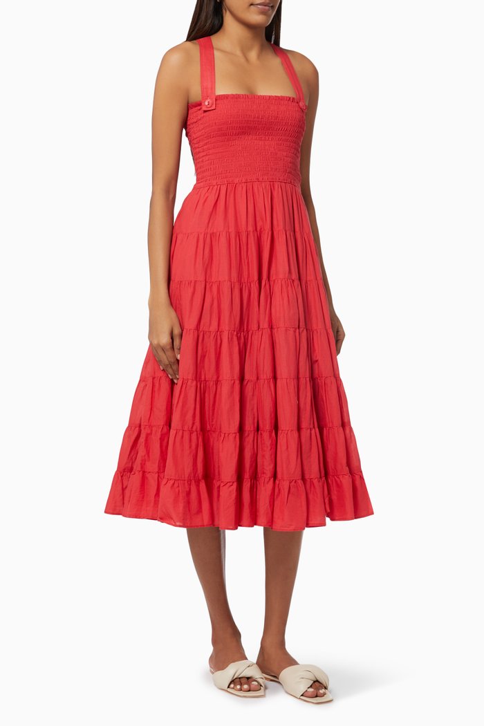 

Smocked Maxi Dress in Fine Cotton, Red